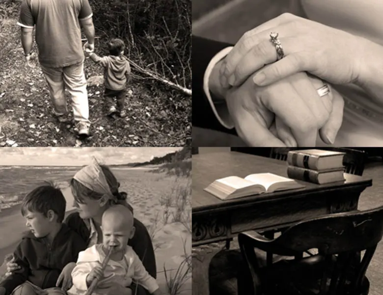 Family moments and a law book on a desk